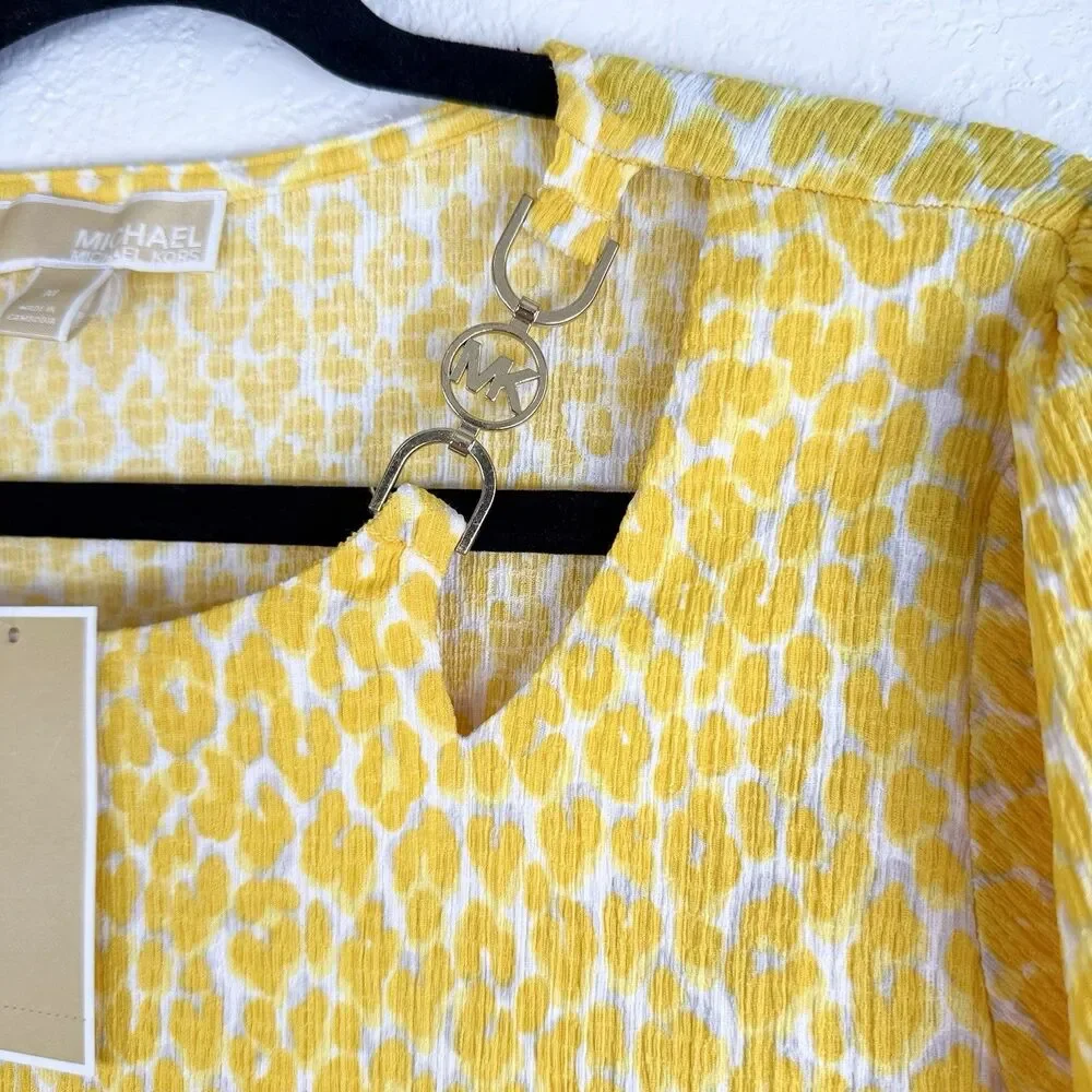 Michael Kors Dandelion Yellow Leopard Print Blouse Medium Animal Print NWT